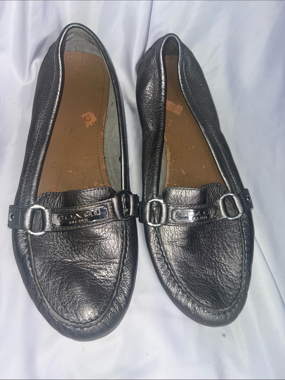 Coach Metallic Silver Gray Leather Driving Loafers with Logo Bit